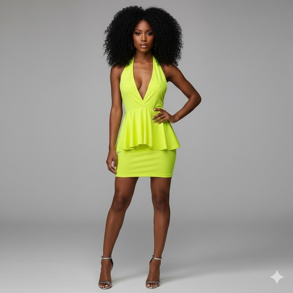 Neon Yellow Halter Peplum Dress